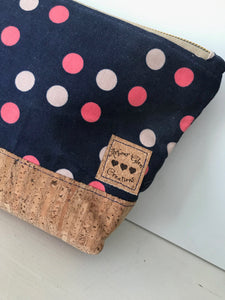 The Caba Pouch - navy with coral and pink polka dots and cork bottom