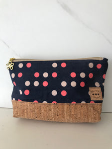 The Caba Pouch - navy with coral and pink polka dots and cork bottom