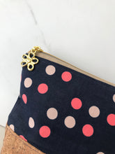 Load image into Gallery viewer, The Caba Pouch - navy with coral and pink polka dots and cork bottom